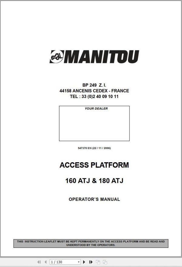 Manitou Access Platform 160ATJ 180ATJ Operators Manual 547370
