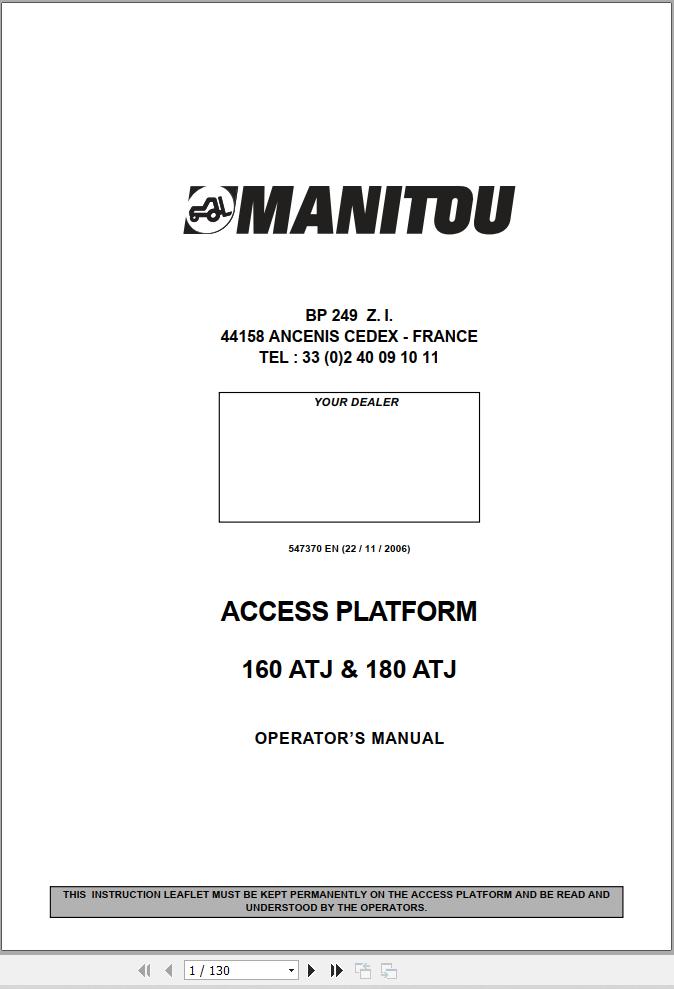 Manitou Access Platform 160ATJ 180ATJ Operators Manual 547370