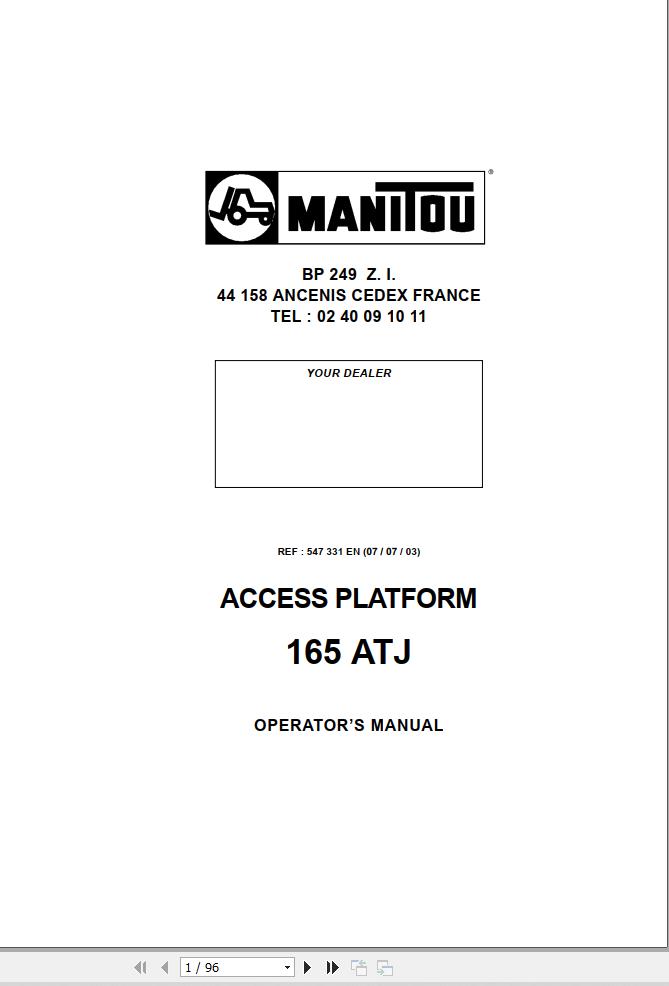 Manitou Access Platform 165ATJ Operators Manual 547331