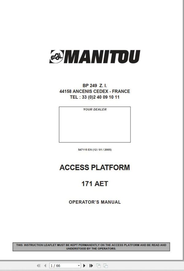 Manitou Access Platform 171AET Operators Manual 547115