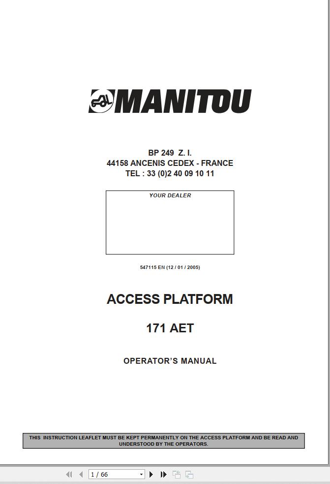 Manitou Access Platform 171AET Operators Manual 547115
