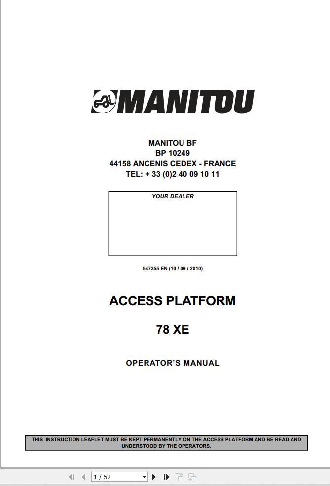 Manitou Access Platform 78XE Operators Manual 547355