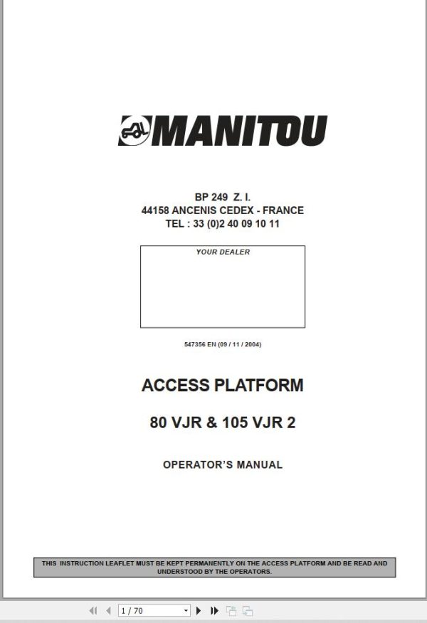 Manitou Access Platform 80VJR 105VJR2 Operators Manual 547356