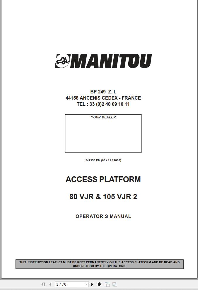 Manitou Access Platform 80VJR 105VJR2 Operators Manual 547356