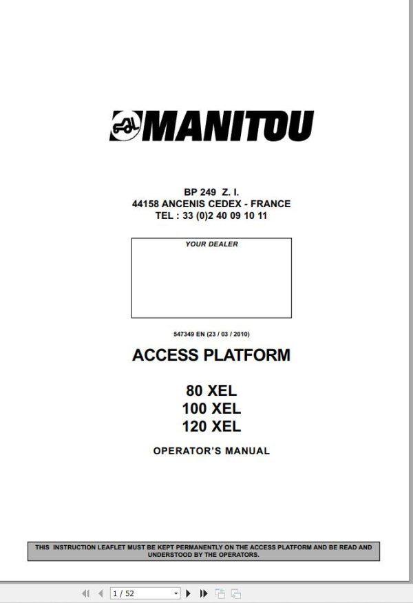 Manitou Access Platform 80XEL 100XEL 120XEL Operators Manual 547349