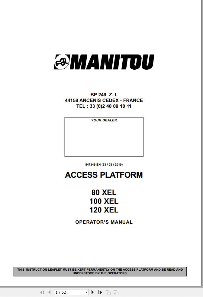 Manitou Access Platform 80XEL 100XEL 120XEL Operators Manual 547349