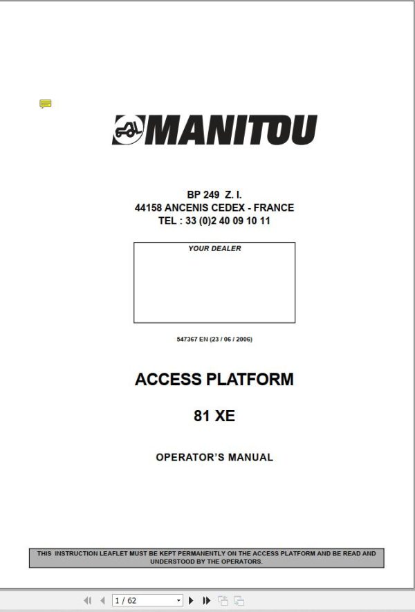 Manitou Access Platform 81XE Operators Manual 547367