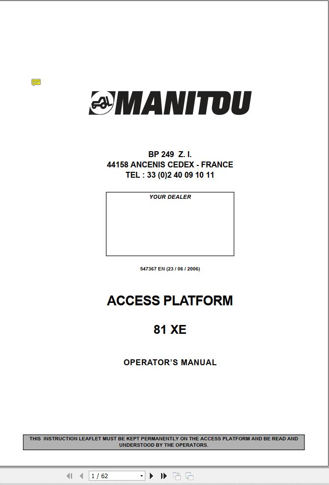 Manitou Access Platform 81XE Operators Manual 547367