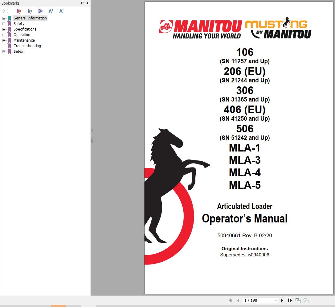 Manitou Articulated Loader 106 to MLA 5 Operators Manual 50940661B