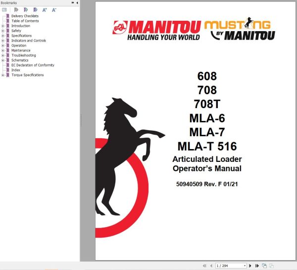 Manitou Articulated Loader 608 to MLA T 516 Operators Manual 50940509F