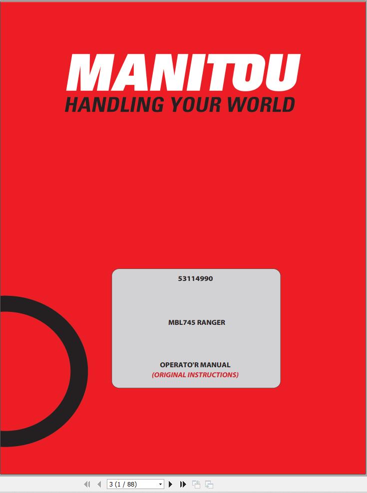Manitou Backhoe Loader MBL745 Ranger Operators Manual 53114990A