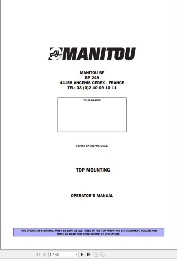 Manitou Forklift BF249 BP249 Operators Manual 647066