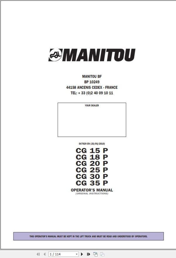 Manitou Forklift CG15P to CG35P Operators Manual 547929