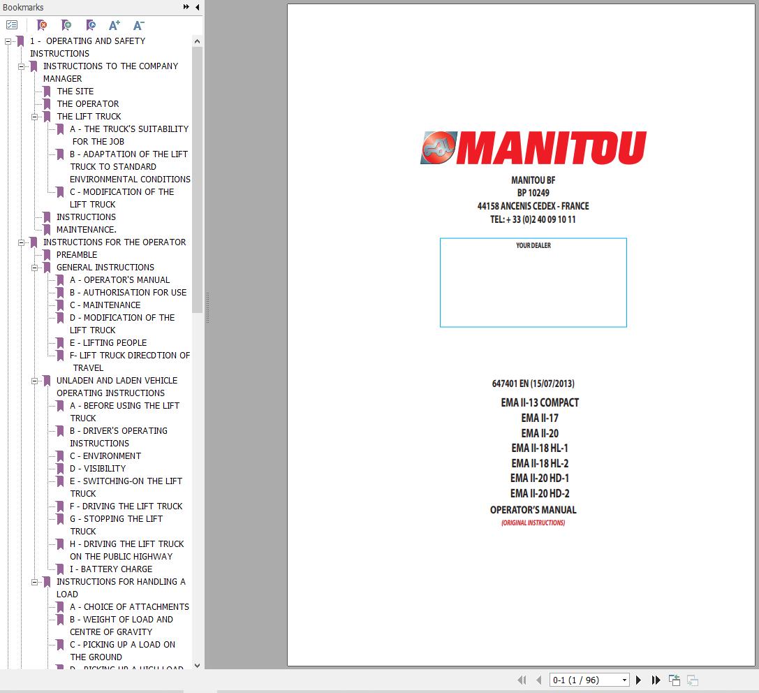 Manitou Forklift EMAII 13 COMPACT to EMAII 20HD 2 Operators Manual 647401
