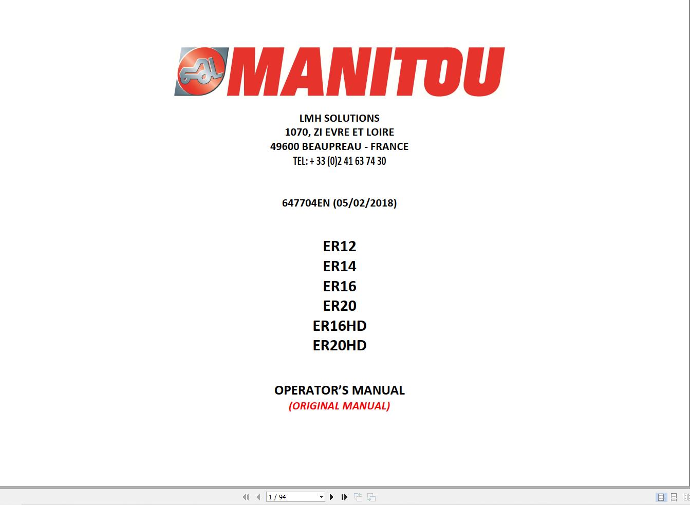 Manitou Forklift ER12 to ER20HD Operators Manual 647704