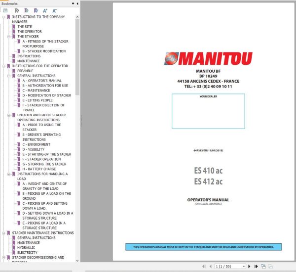 Manitou Forklift ES410ac ES412ac Operators Manual 647383
