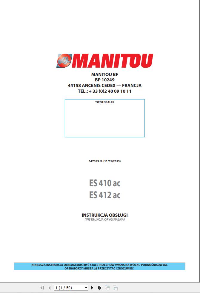Manitou Forklift ES410ac ES412ac Operators Manual 647383 PL