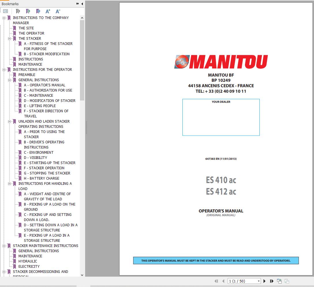 Manitou Forklift ES410ac ES412ac Operators Manual 647383