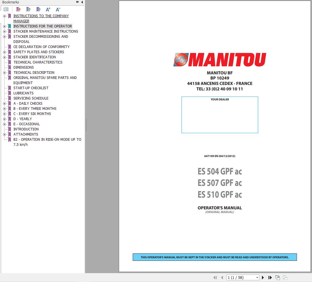 Manitou Forklift ES504GPFac ES507GPFac ES510GPFac Operators Manual 647109