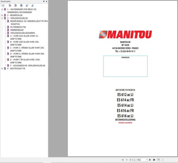 Manitou Forklift ES612acLI to ES616acLI Operators Manual 647153 DK