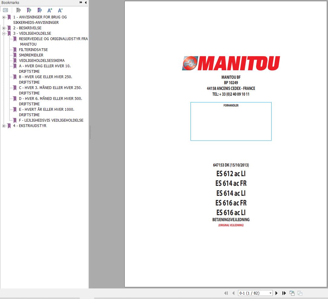 Manitou Forklift ES612acLI to ES616acLI Operators Manual 647153 DK