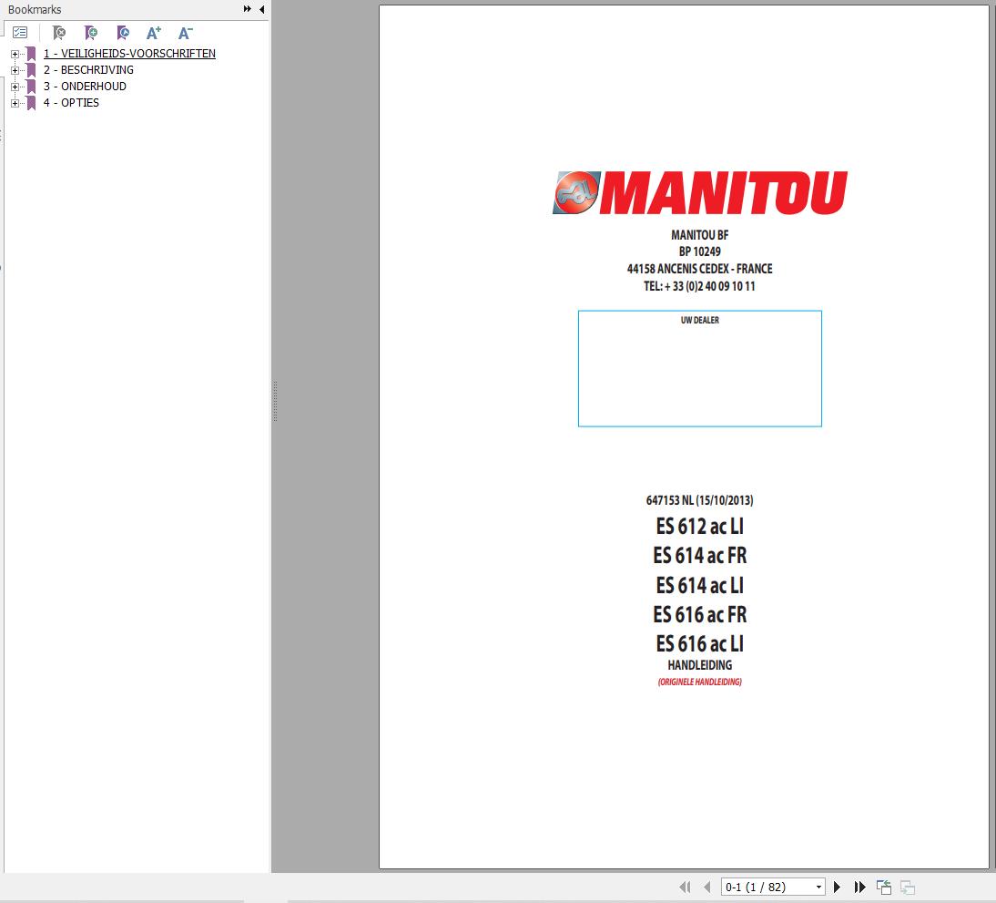 Manitou Forklift ES612acLI to ES616acLI Operators Manual 647153 NL