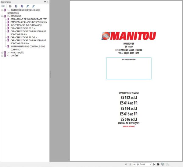 Manitou Forklift ES612acLI to ES616acLI Operators Manual 647153 PT