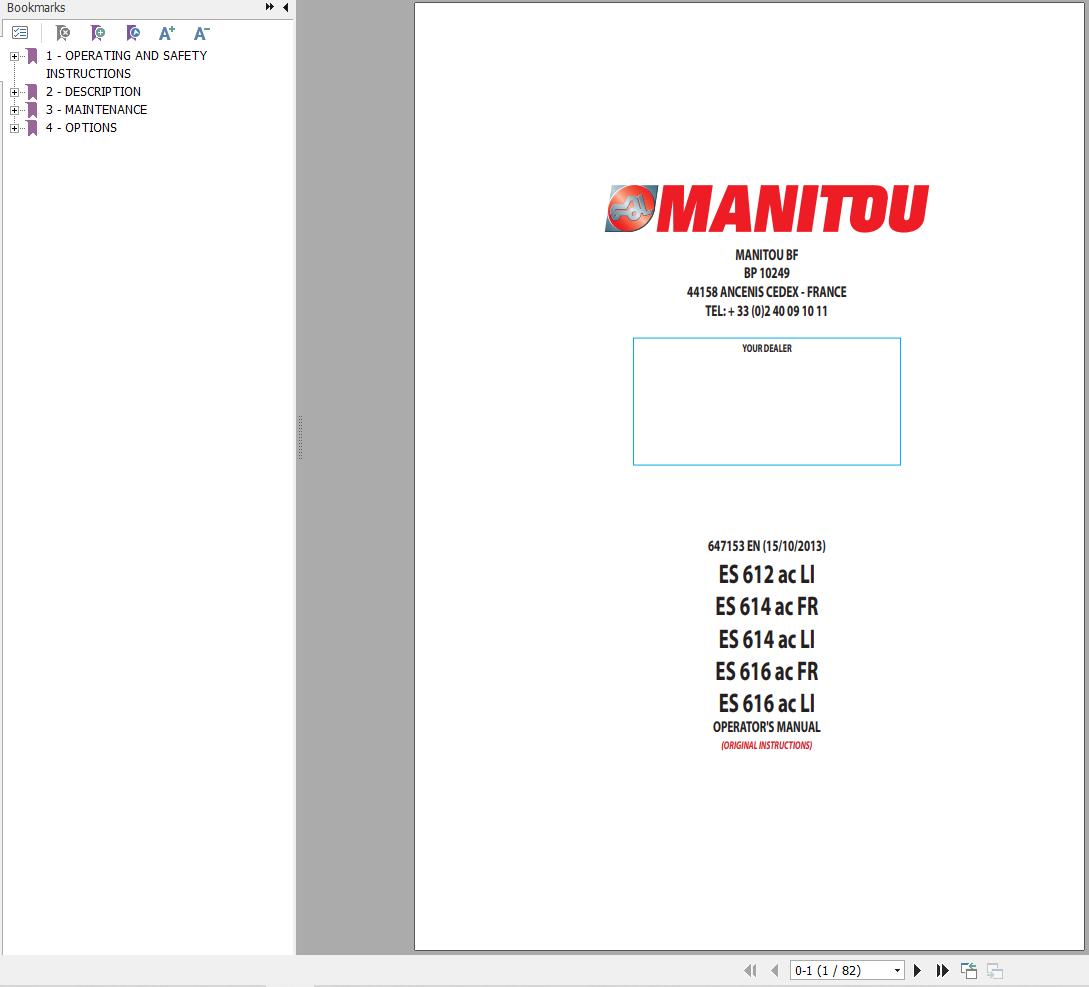 Manitou Forklift ES612acLI to ES616acLI Operators Manual 647153
