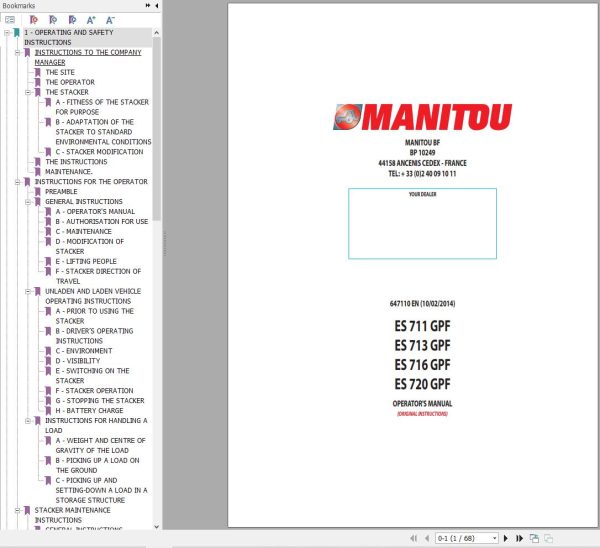 Manitou Forklift ES711GPF to ES720GPF Operators Manual 647110