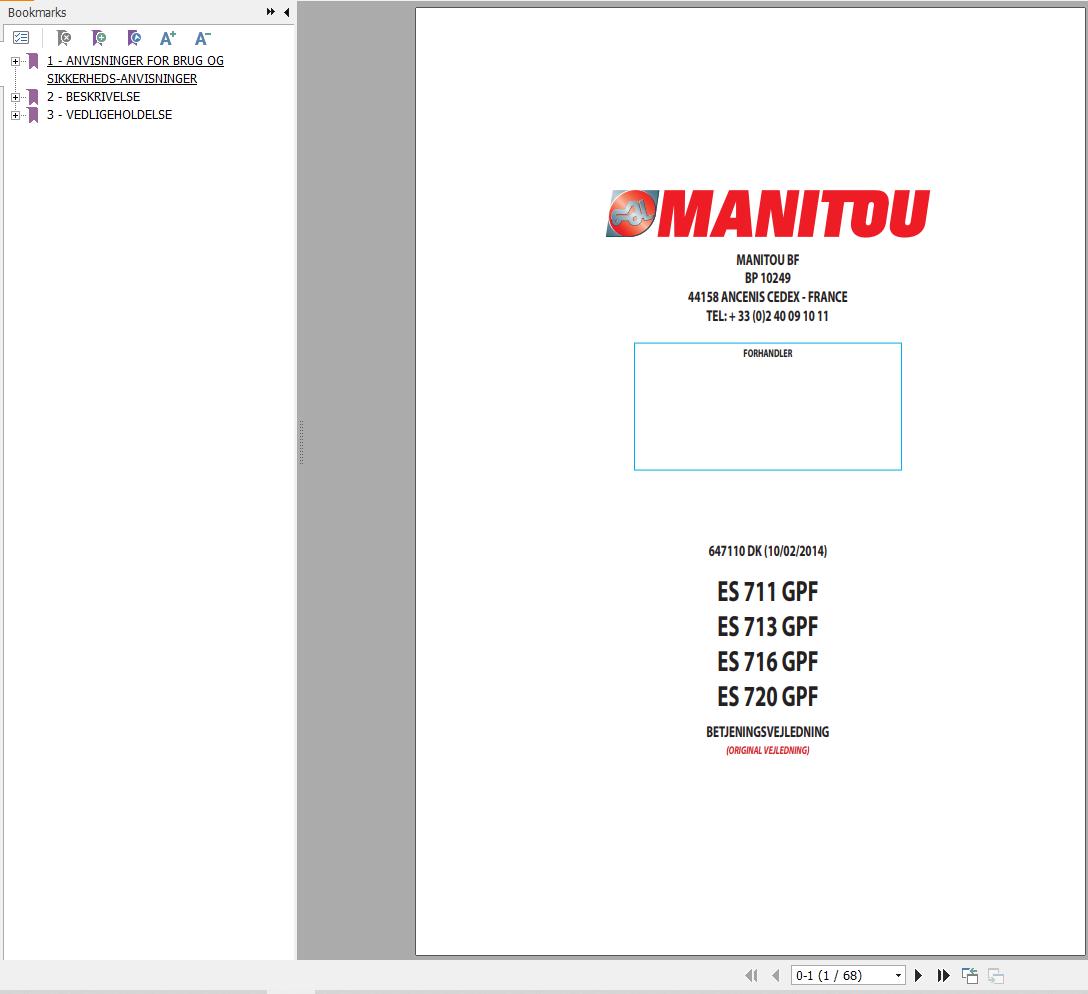 Manitou Forklift ES711GPF to ES720GPF Operators Manual 647110 DK
