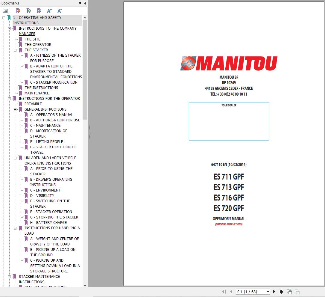 Manitou Forklift ES711GPF to ES720GPF Operators Manual 647110
