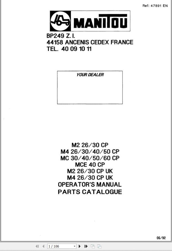 Manitou Forklift M226CP To M430CP UK Operator Parts Manual 47891 EN