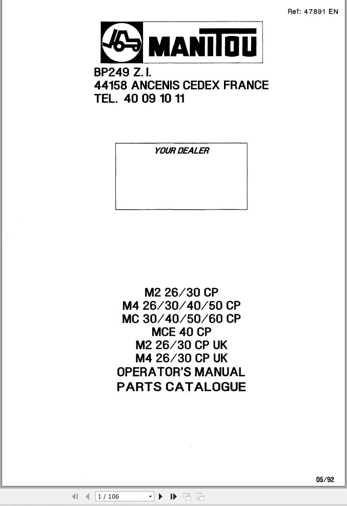 Manitou Forklift M226CP To M430CP UK Operator Parts Manual 47891 EN
