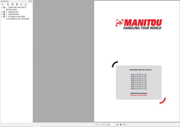 Manitou Forklift M26 2DST5S1EU To M50 4DST5S1EU Operators Manual