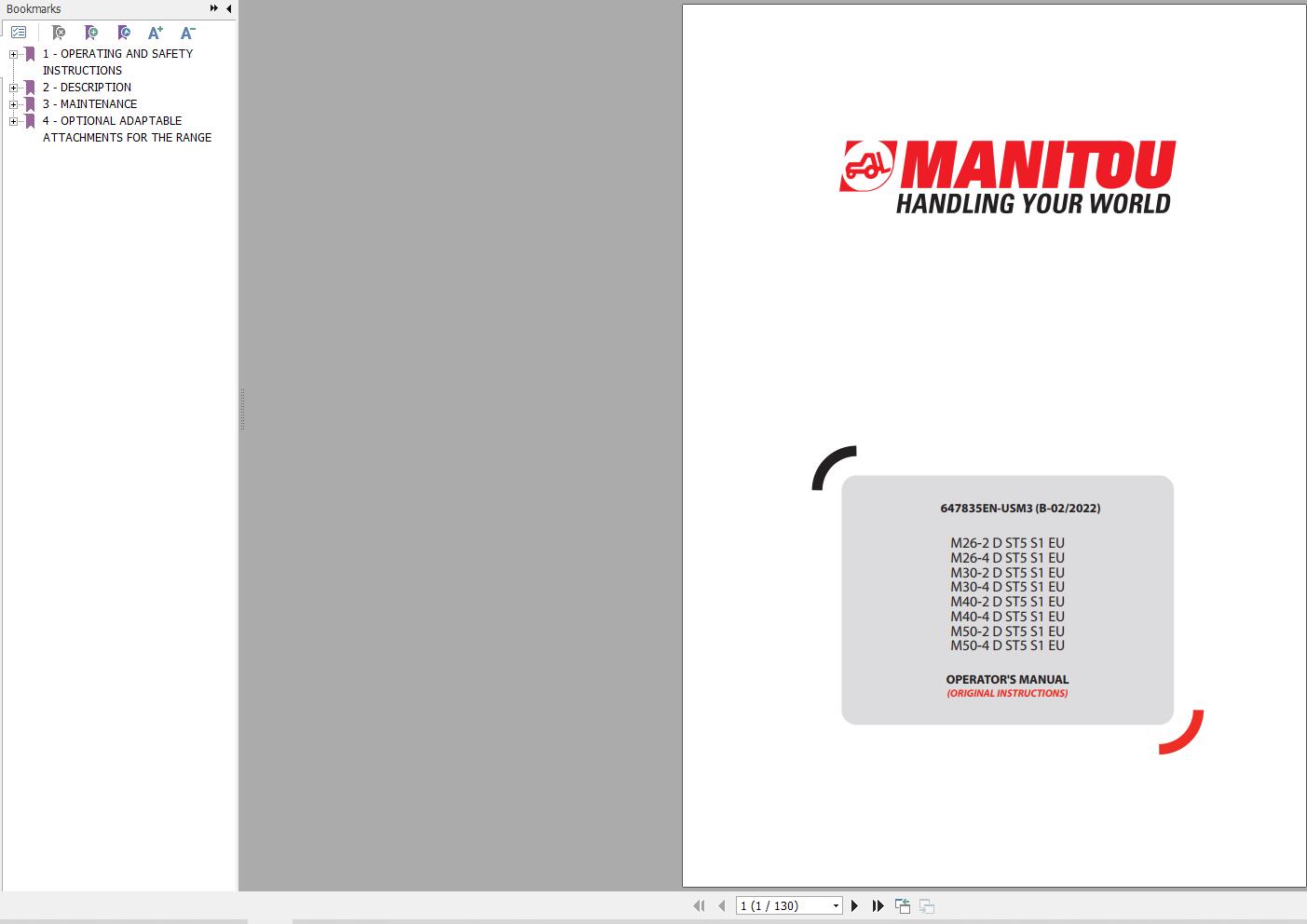 Manitou Forklift M26 2DST5S1EU To M50 4DST5S1EU Operators Manual