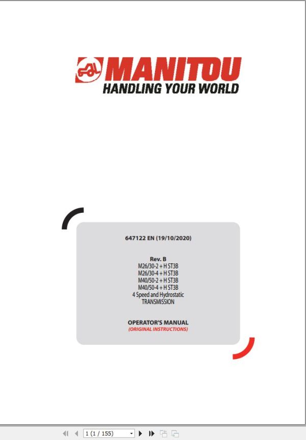 Manitou Forklift M26 2HST3B To M50 4HST3B Operators Manual 647122
