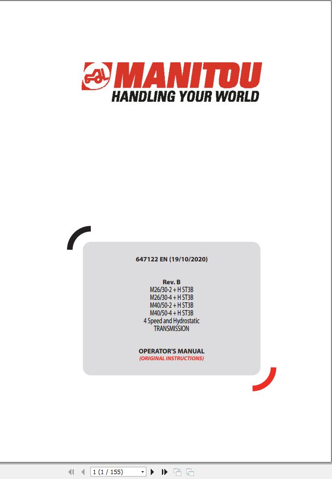 Manitou Forklift M26 2HST3B To M50 4HST3B Operators Manual 647122
