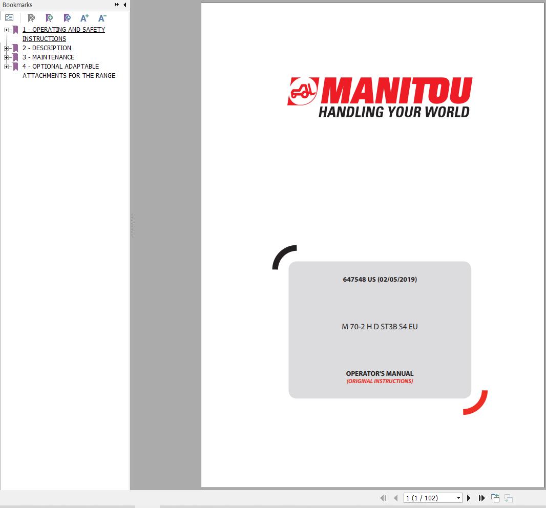 Manitou Forklift M70 2HDST3BS4EU Operators Manual