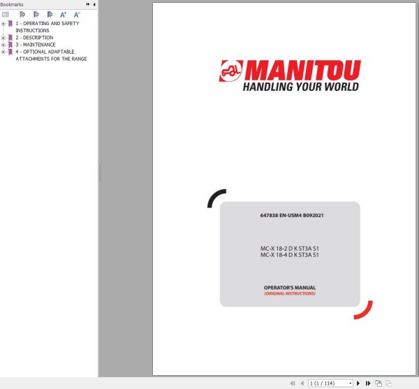 Manitou Forklift MC X18 2DKST3AS1 MC X18 4DKST3AS1 Operators Manual
