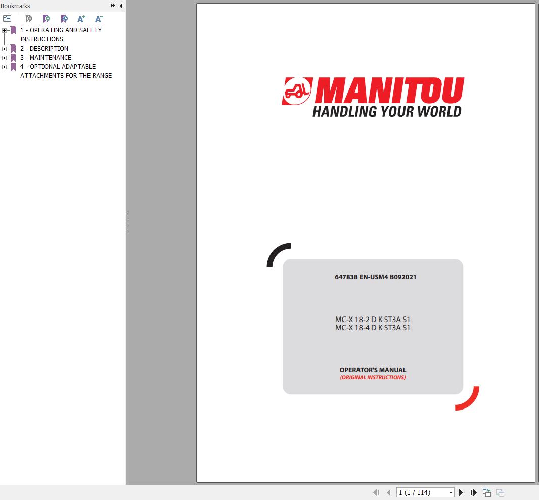 Manitou Forklift MC X18 2DKST3AS1 MC X18 4DKST3AS1 Operators Manual
