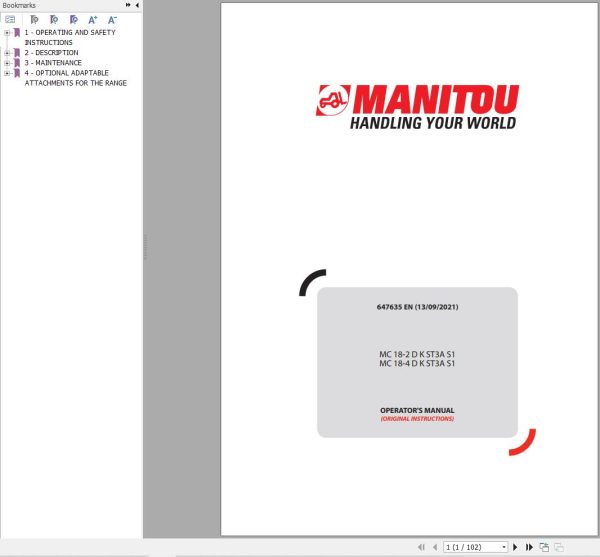 Manitou Forklift MC18 2DKST3AS1 MC18 4DKST3AS1 Operators Manual 647635 EN