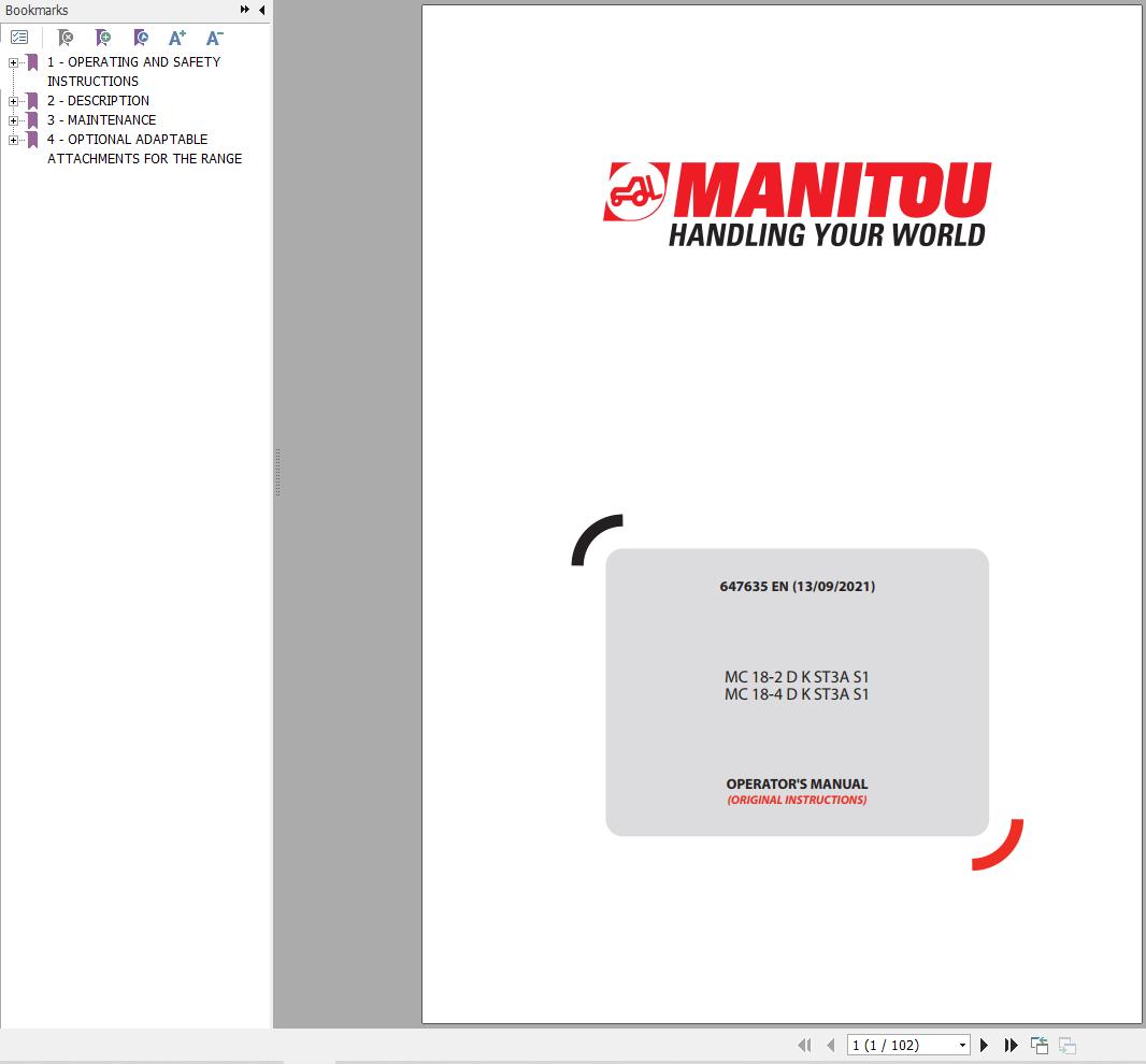Manitou Forklift MC18 2DKST3AS1 MC18 4DKST3AS1 Operators Manual 647635 EN