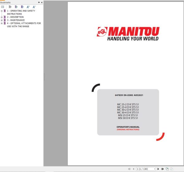 Manitou Forklift MC25 2 To MSI30 DKST5S1 Operator Manual 647839EN USM3A052021
