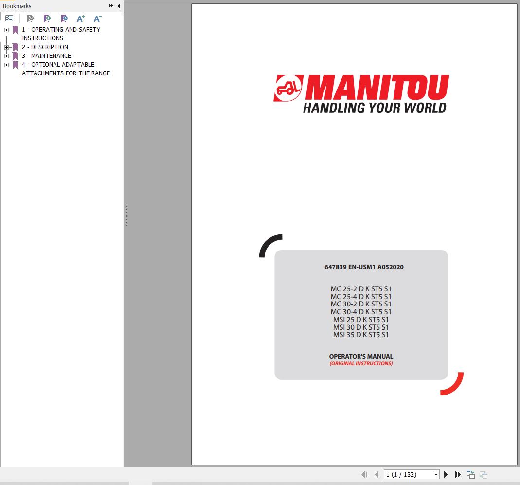 Manitou Forklift MC25 2 To MSI35 DKST5S1 Operator Manual 647839EN USM1A052020