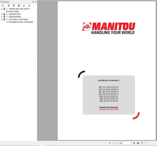 Manitou Forklift MC25 2DKST3AS1 To MSI35DKST3AS5 Operator Manual 647690 EN