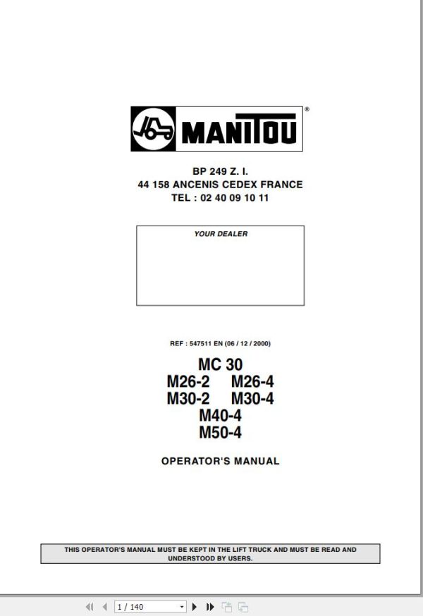 Manitou Forklift MC30 to MC50 4 Operators Manual 547511 EN