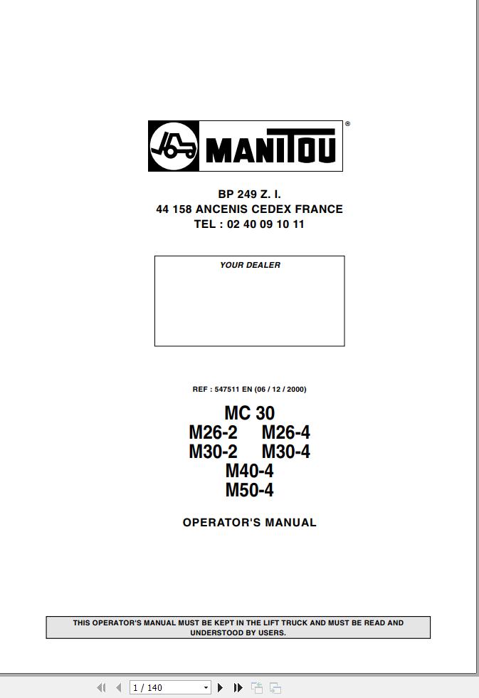 Manitou Forklift MC30 to MC50 4 Operators Manual 547511 EN