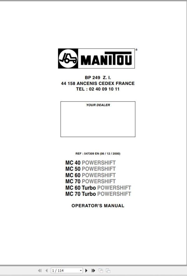 Manitou Forklift MC40 To MC70 Turbo POWERSHIFT Operator Manual 547309 EN