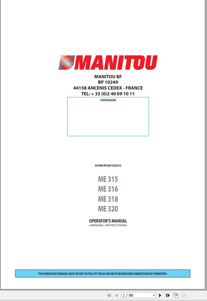 Manitou Forklift ME315 ME316 ME318 ME320 Operators Manual 547940 EN