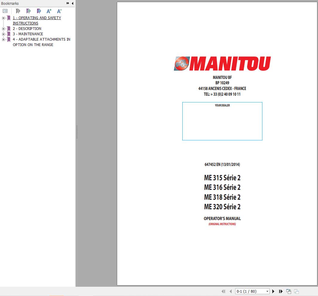 Manitou Forklift ME315 to ME320 Series 2 Operators Manual 647452 EN